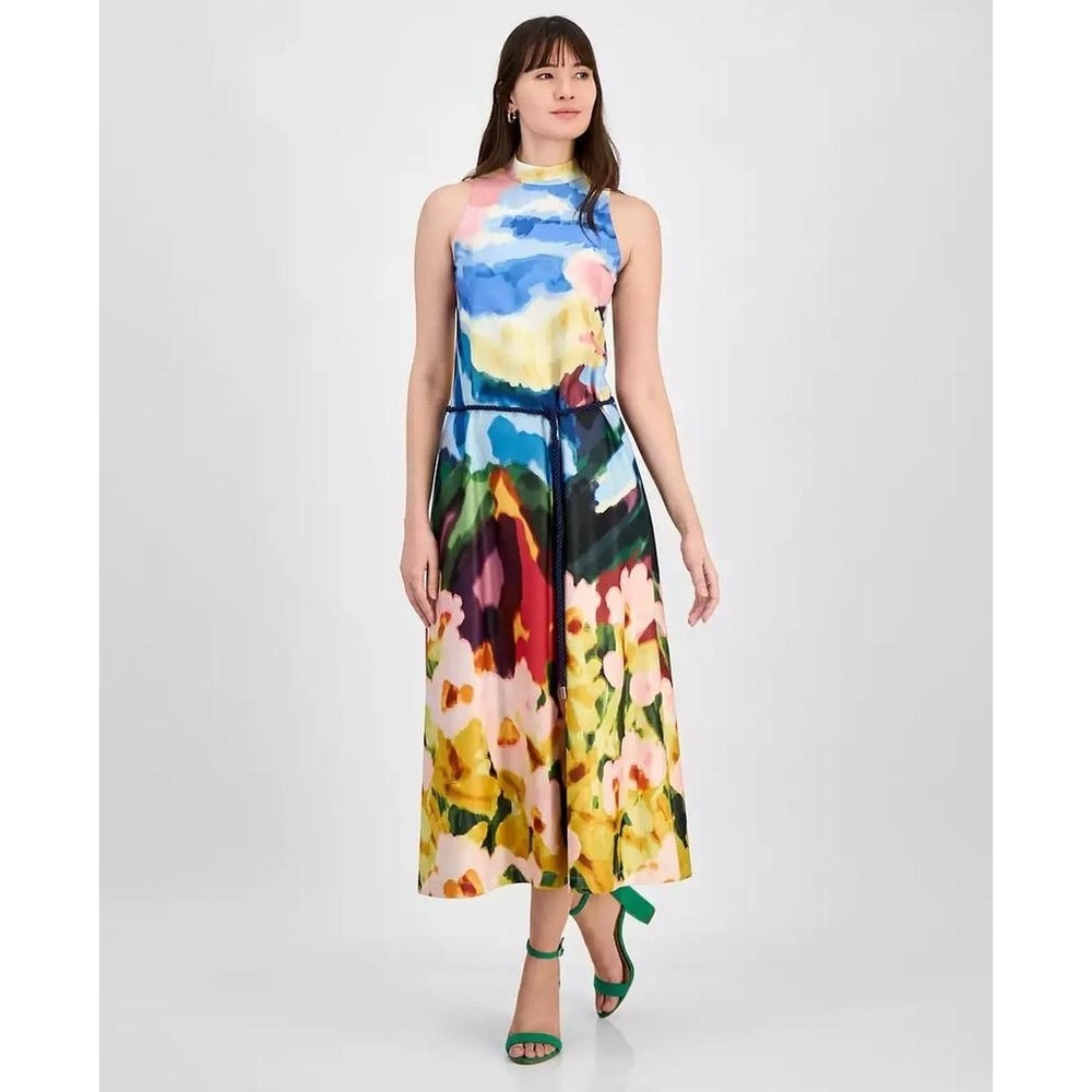 Anne‎ Klein M Azurine Multi Floral Watercolor Sleeveless Belted Maxi Dress Scuba